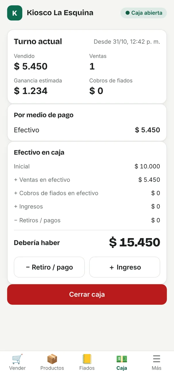 Caja del turno con efectivo esperado