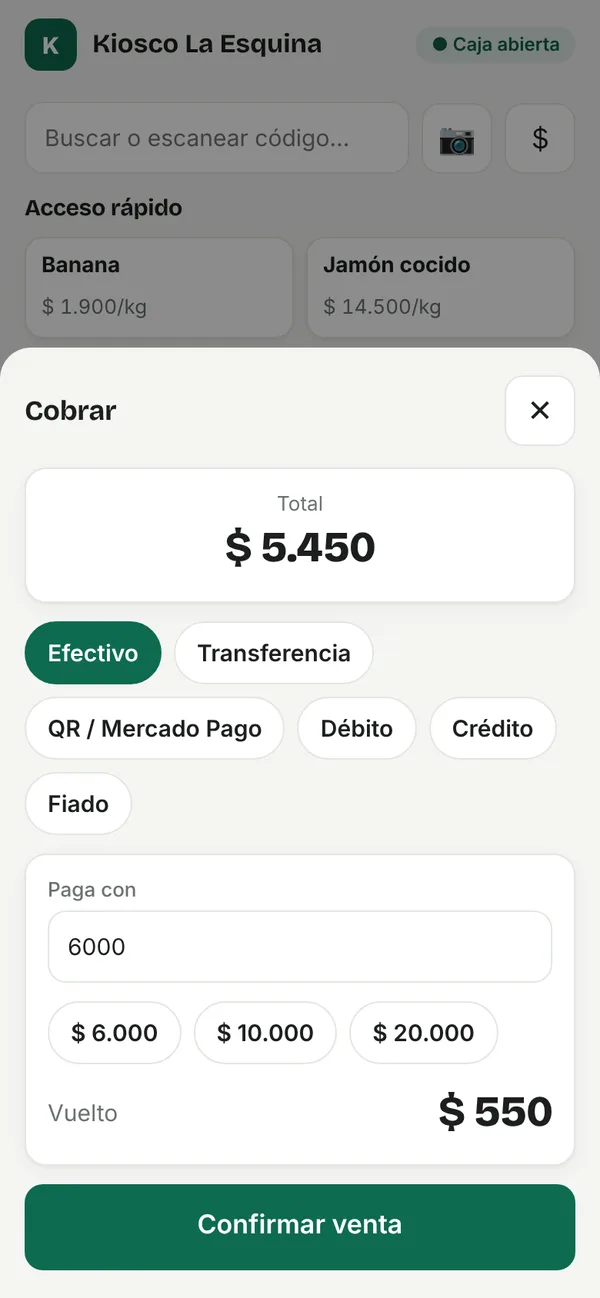 Pantalla de cobro con el vuelto calculado