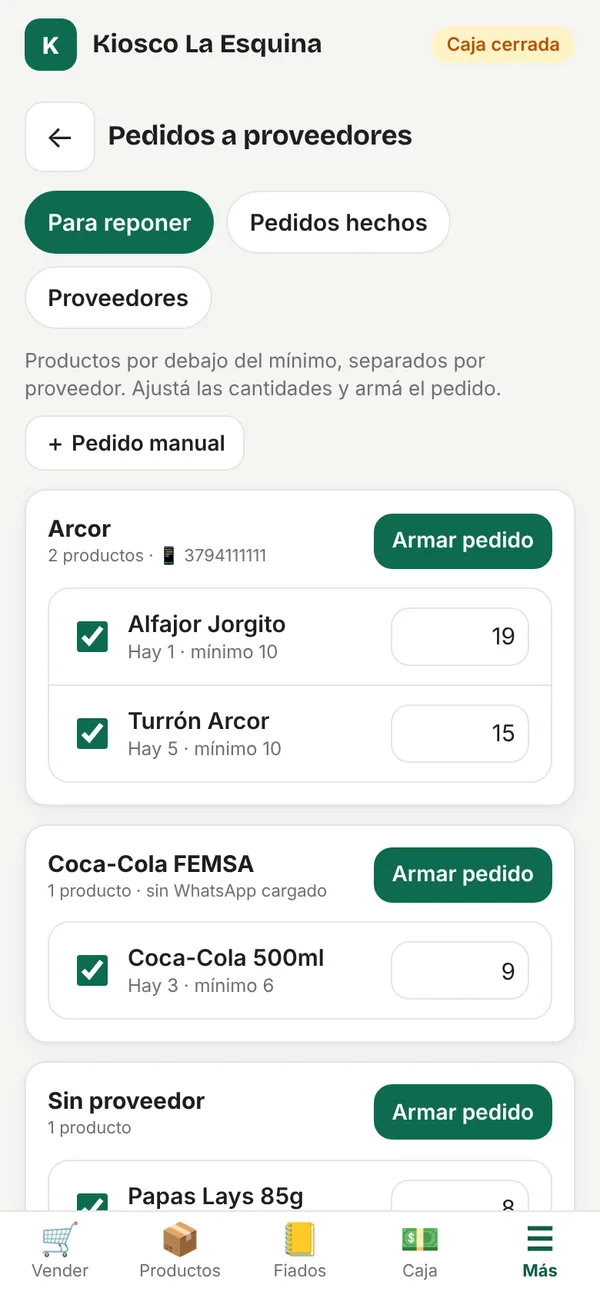Productos para reponer agrupados por proveedor